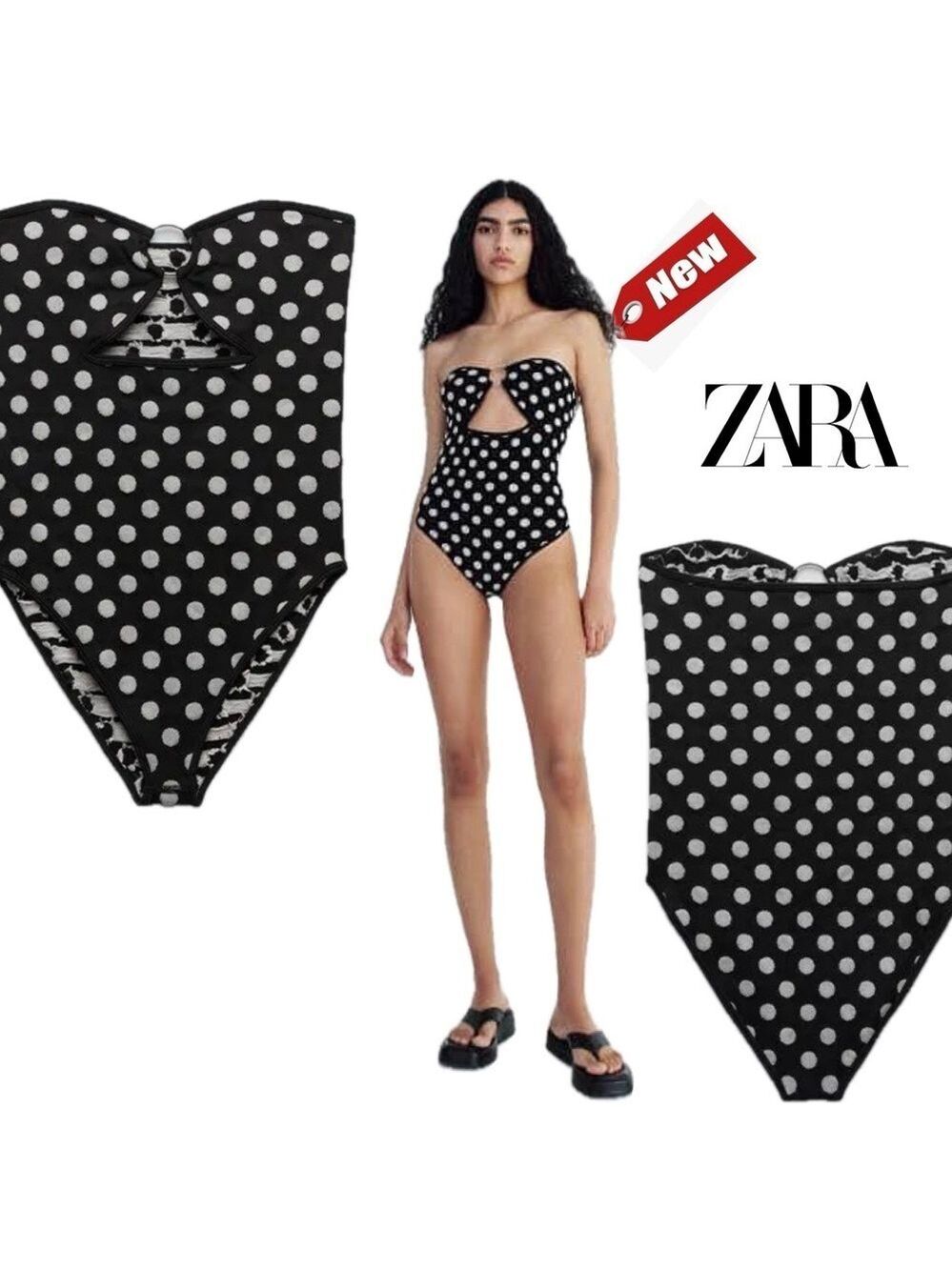 Zara black white polkadot knit strapless O-ring cut out swimsuit bodysuit XS/S🔥